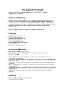 Ola Judith Kofoworola Customer Service Resume