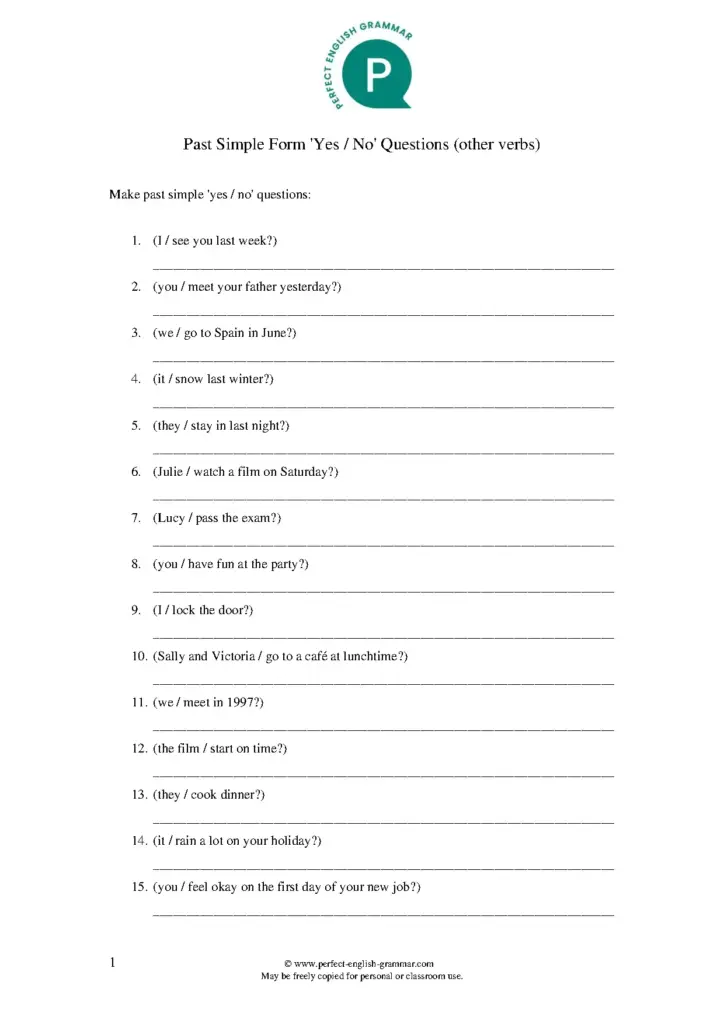 Past Simple Form Yes No Questions Practice