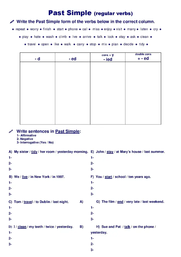 Past Simple Regular and Irregular Verbs Exercises