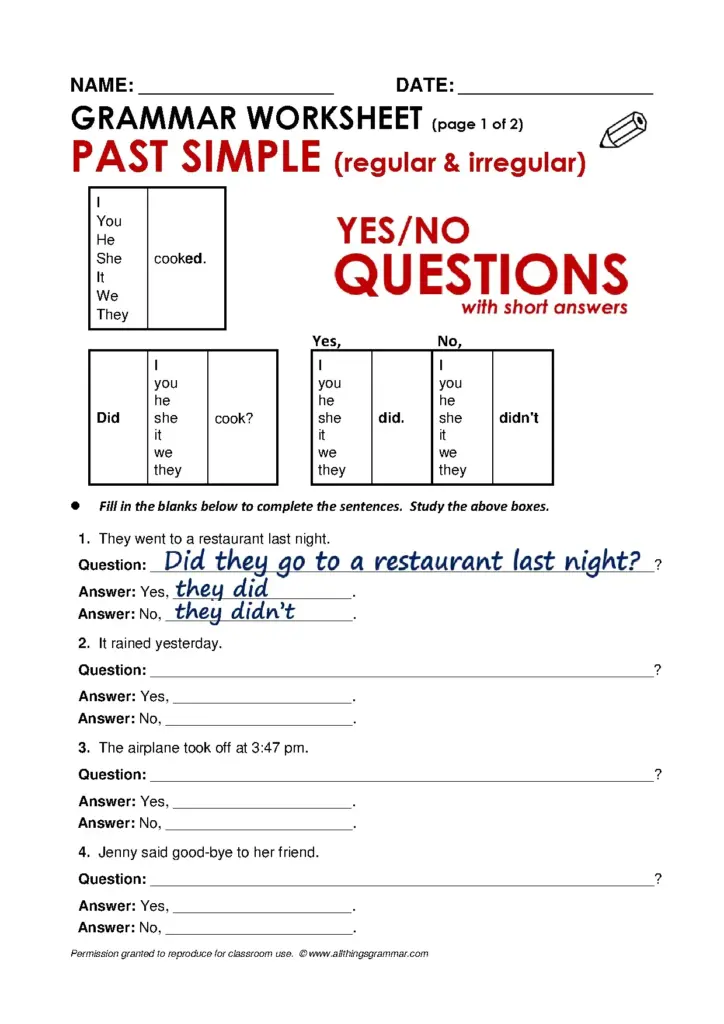 Past Simple Yes/No Questions Worksheet