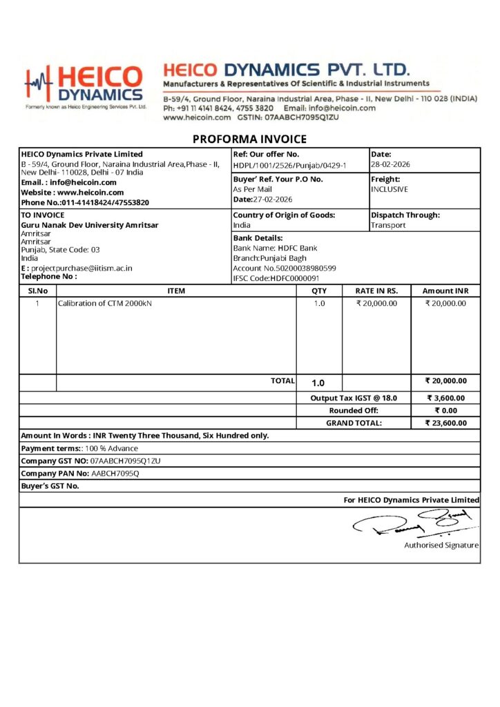 Proforma Invoice for Guru Nanak Dev University Amritsar