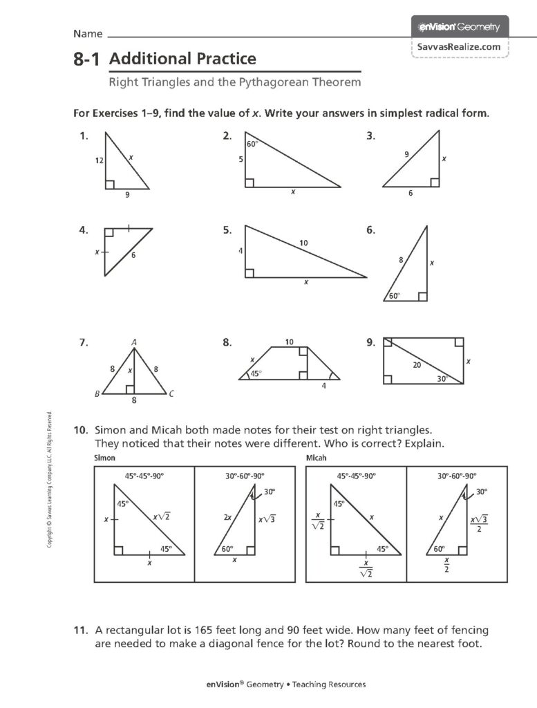 Right Triangles and the Pythagorean Theorem Practice