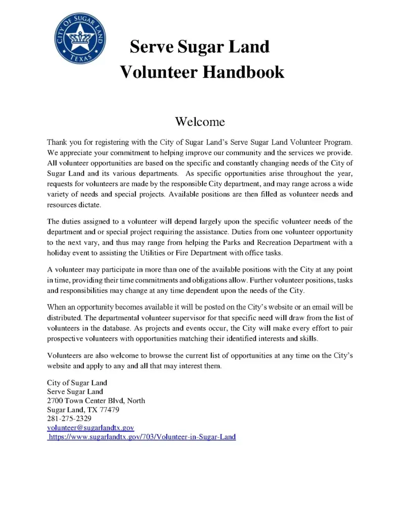 Serve Sugar Land Volunteer Handbook 2022