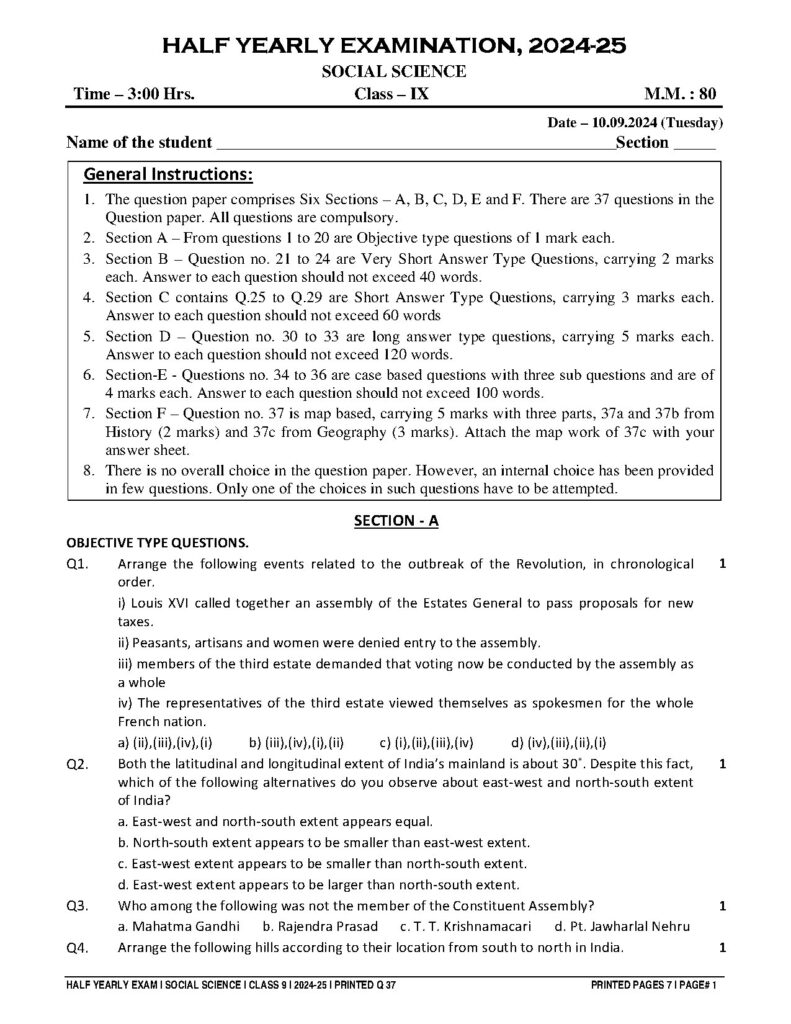 Social Science Half Yearly Examination Class 9 2024-25