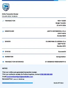 Successful Transfer Receipt to Judith Kofoworola Ola