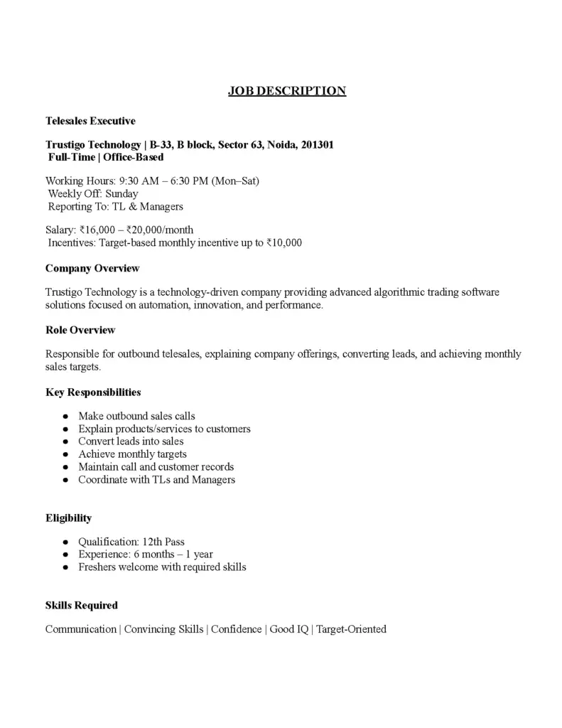Telesales Executive Job Description at Trustigo Technology