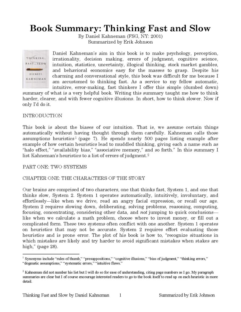 Thinking Fast and Slow by Daniel Kahneman Summary