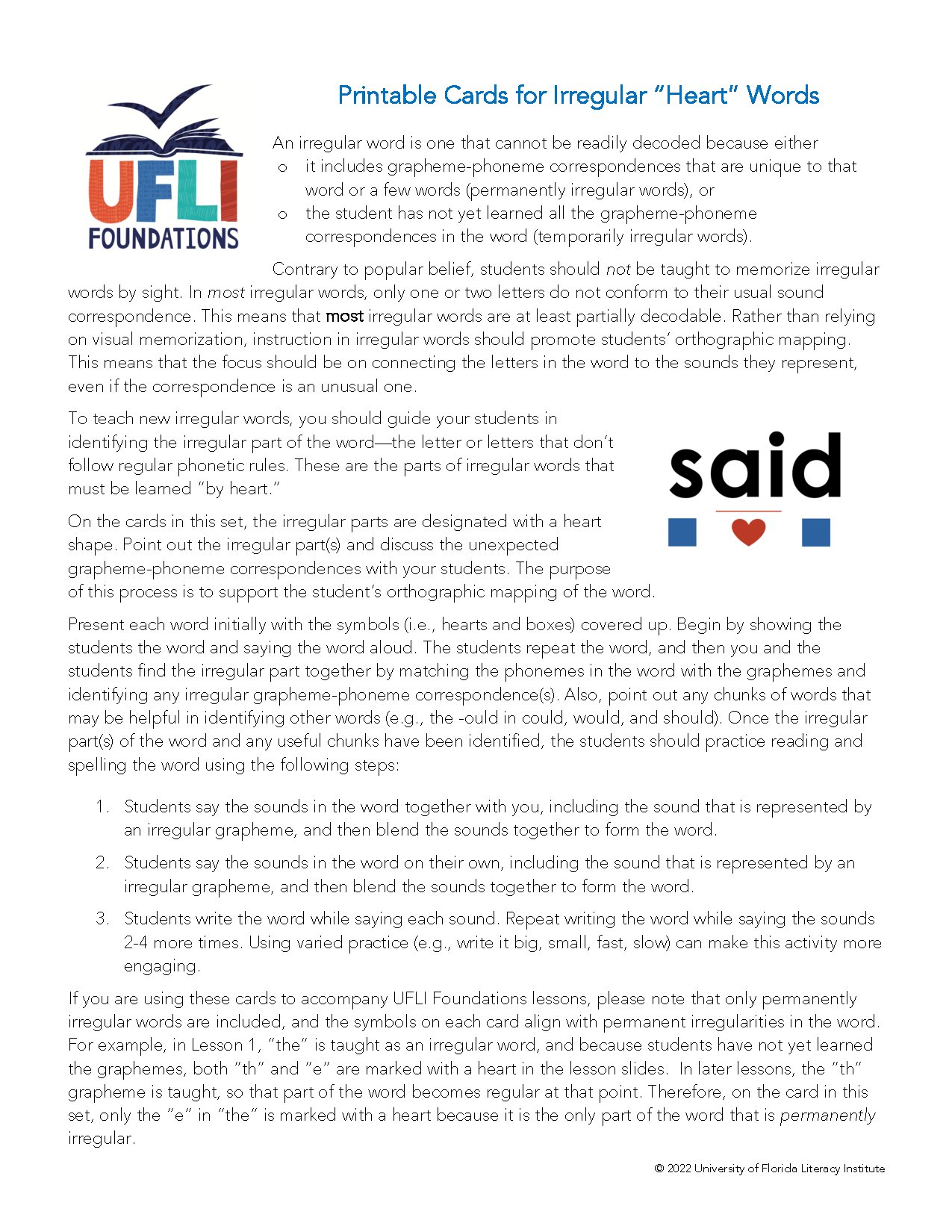UFLI Heart Word Printable Cards for Teaching Literacy