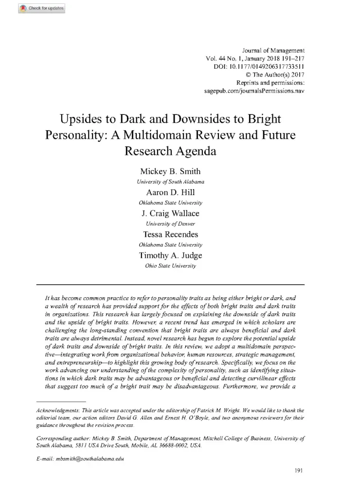 Upsides to Dark and Downsides to Bright Personality 2017