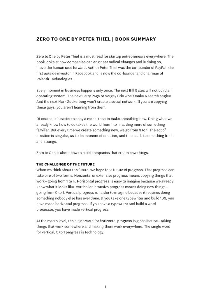 Zero to One by Peter Thiel Summary