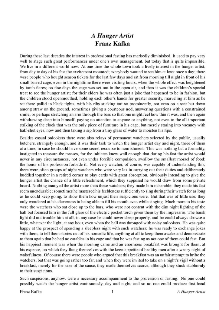 A Hunger Artist Short story by Franz Kafka