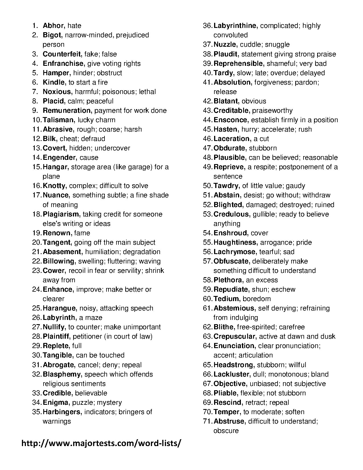 Advanced Vocabulary Word List