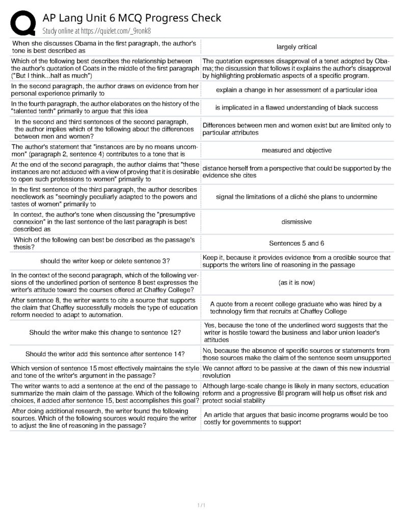 AP Lang Unit 6 MCQ Progress Check