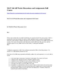 MAT 144 All Weeks Discussions and Assignments Full Course