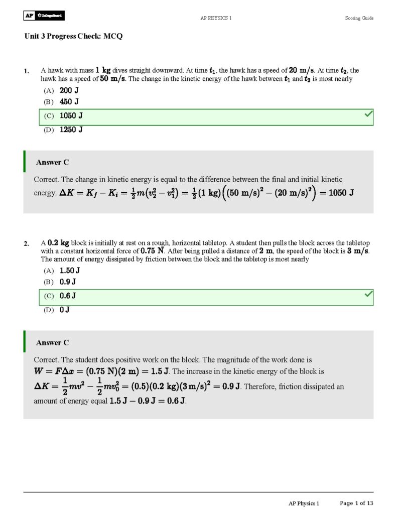 AP Physics 1 Unit 3 MCQ Scoring Guide