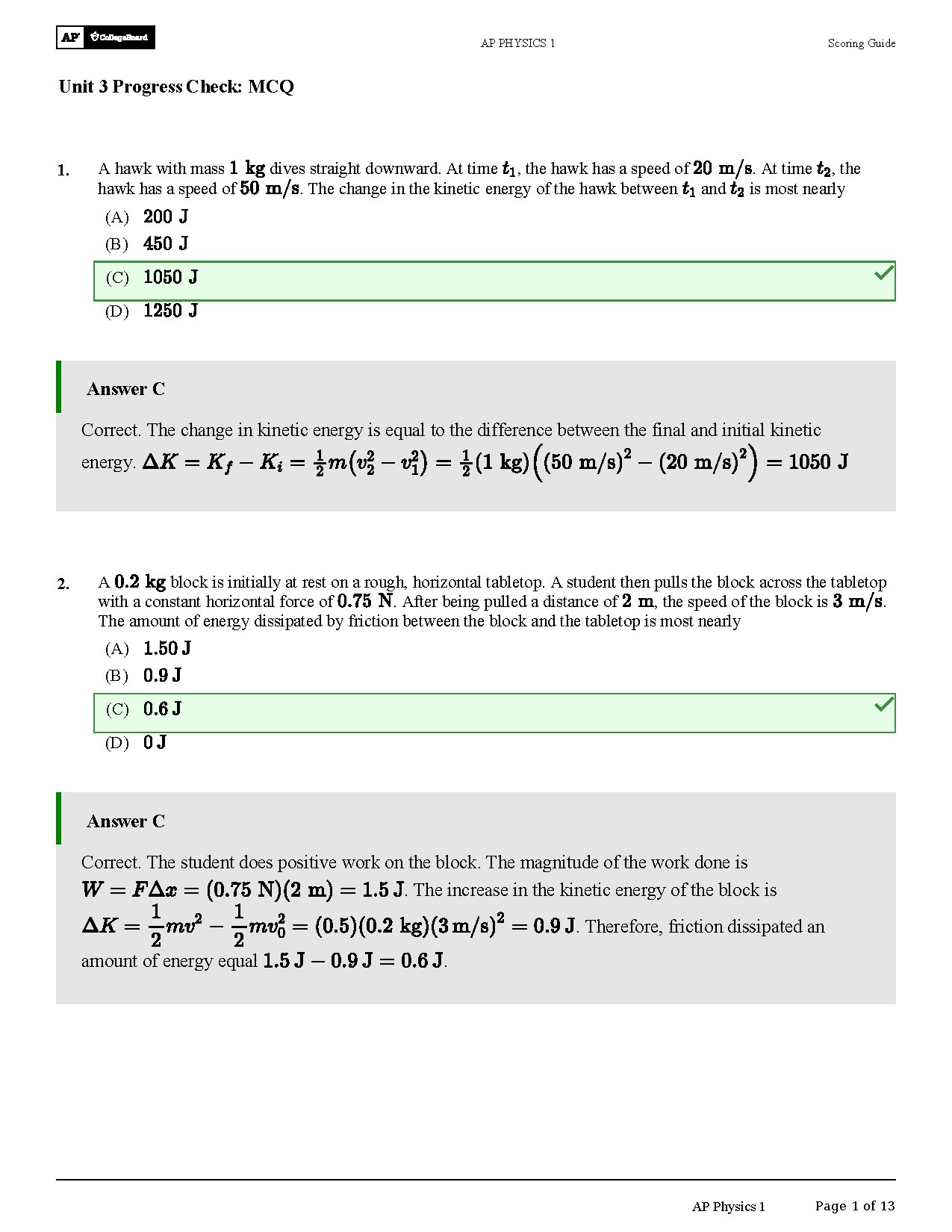 AP Physics 1 Unit 3 MCQ Scoring Guide