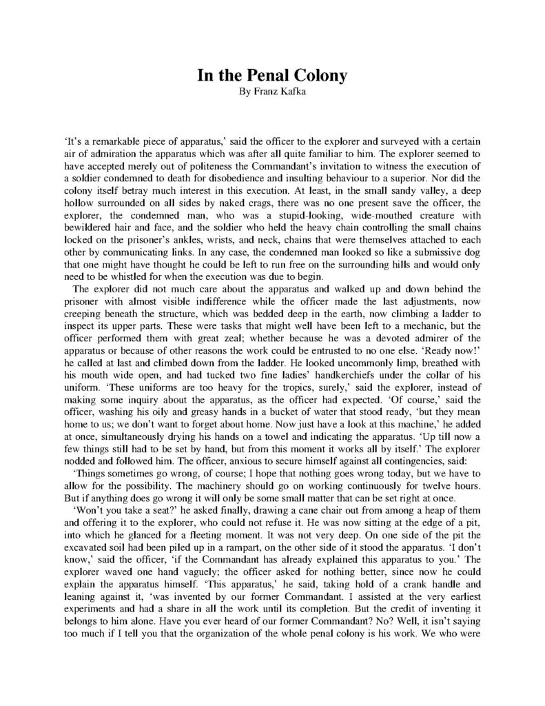 In the Penal Colony Short story by Franz Kafka