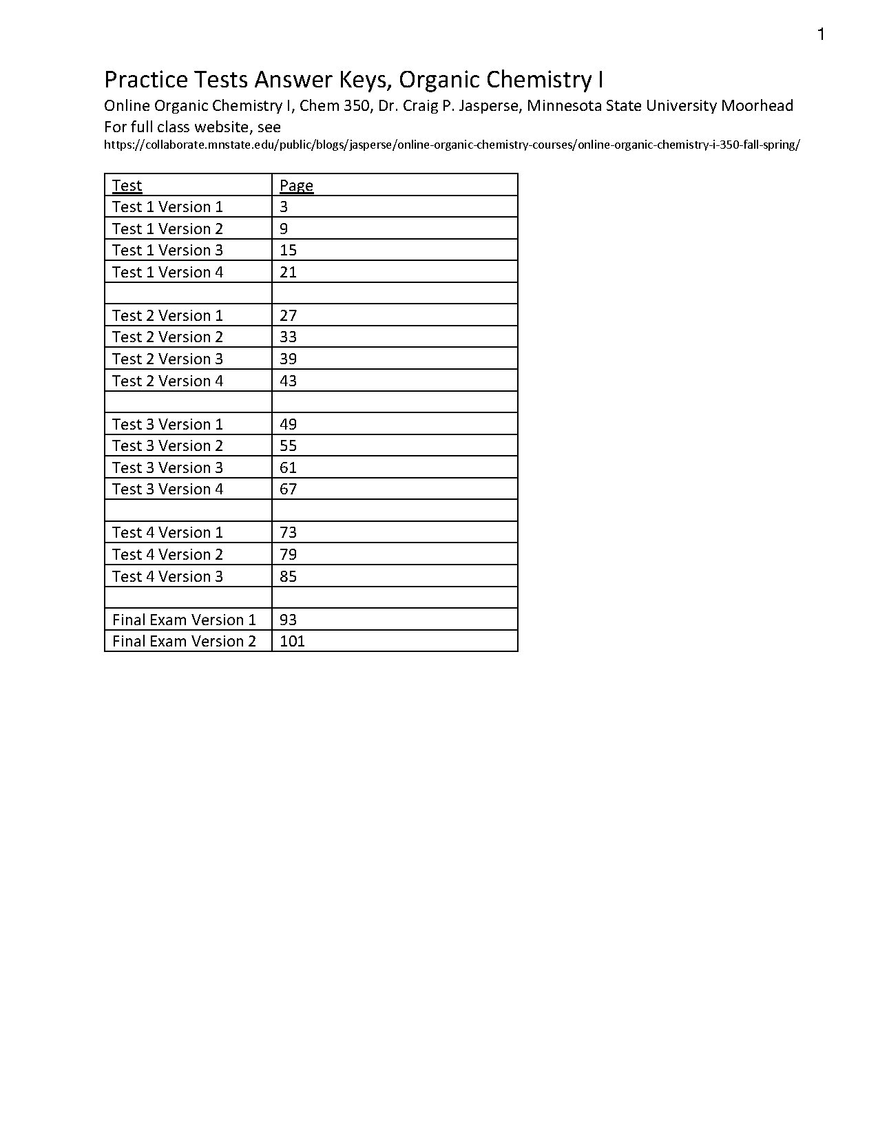 Practice Tests Answer Keys, Organic Chemistry