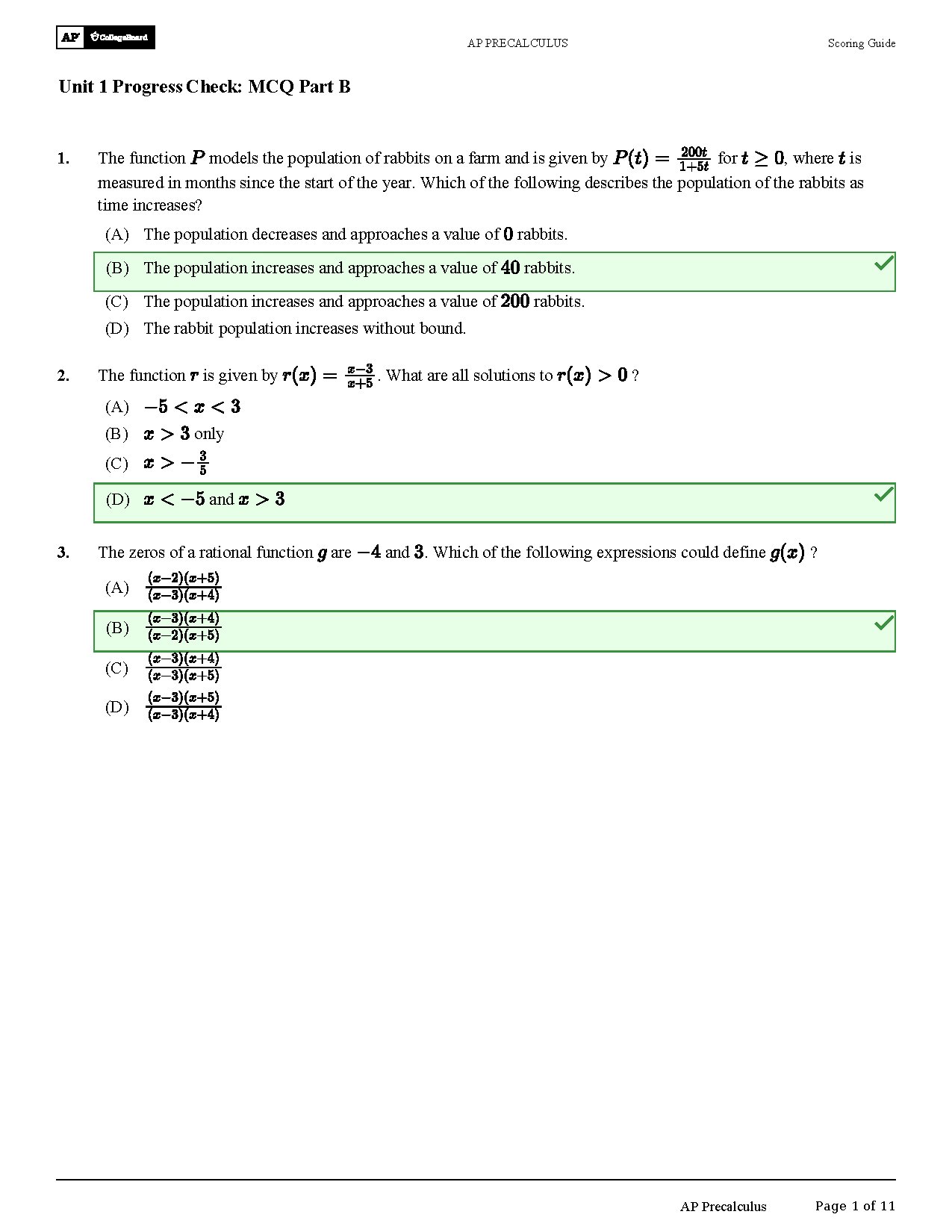 Progress Check Unit 1B MCQ Ans - AP Precalculus